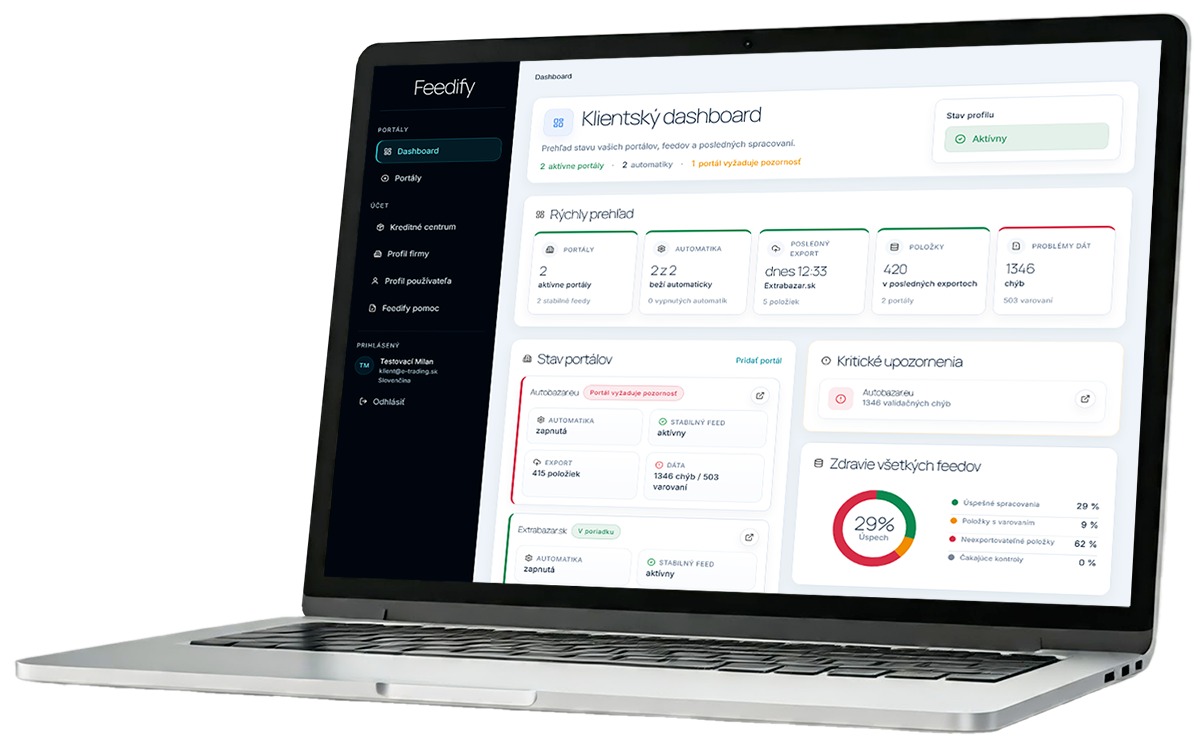 Feedify dashboard – Rýchly prehľad a Stav portálov